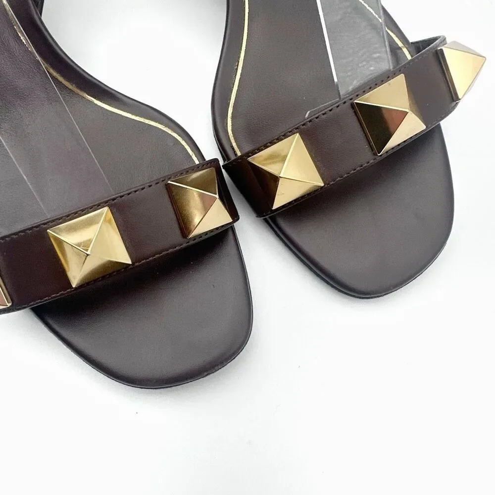 VALENTINO Brown Rockstud Heels Size 37 Sandal Leather Block Heel Ankle Strap
